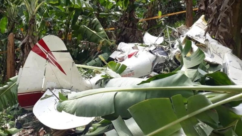 Avião ficou em destroços, mas não pegou fogo na queda Piloto morre após queda de avião de pequeno porte Avião caído no bananal - Divulgação Polícia Militar