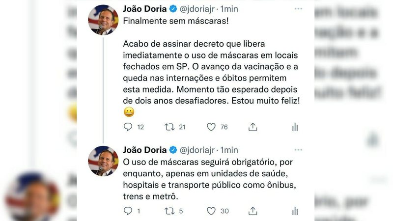 Doria comemora decreto que libera obrigatoriedade de mascaras em locais fechados - Reprodução/Twitter