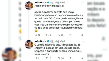 Doria comemora decreto que libera obrigatoriedade de mascaras em locais fechados - Reprodução/Twitter