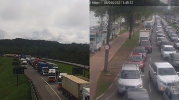 AGORA: excesso de caminhões trava rodovias e a travessia de balsas Santos/Guarujá TRÂNSITO AGORA - Reprodução Ecovias/Dersa