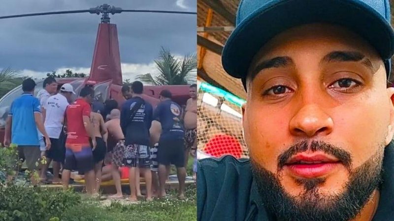 Salva-vidas do local, com ajuda de outros turistas, fizeram o resgate do rapaz, porém, ao ser retirado da água, ele já estava desacordado Guarujaense morre afogado em ponto turístico do Ceará e caso revolta a população Corpo sendo colocado dentro do helicó - Reprodução