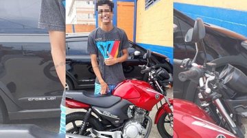 Moto foi furtada no bairro Quietude, em Praia Grande (SP) Moto furtada Jovem de pé atrás da moto vermelha - Arquivo Pessoal