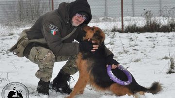 Abrigo tem cachorros, gatos, ovelhas e cabras; ao todo são 400 animais Cachorro com dono Dono abraçado ao seu cachorro na neve - Reprodução/Redes Sociais
