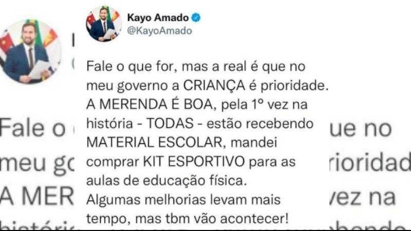 Publicação rendeu comentários diversos sobre a educação em São Vicente Tweet Kayo Amado Tweet prefeito Kayo Amado - Reprodução/Twitter