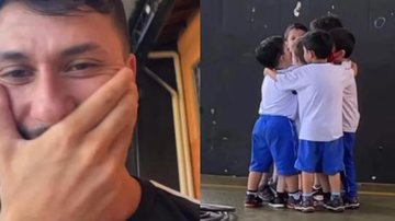 Gean dá aula em um colégio em Londrina, no Paraná, e se emocionou com a cena Professor e alunos Gean (professor) ao lado esquerdo e alunos (crianças) em um abraço coletivo ao lado direito - Divulgação