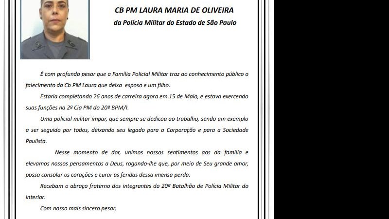 Nota de condolências da Polícia Militar do Litoral Norte sobre a morte da cabo Laura Maria Polícia Militar do Litoral Norte lamenta morte da cabo Laura Maria - Foto: Divulgação/ PM