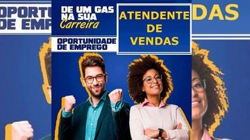 Ultragaz pede para que o candidato à vaga de atendente de vendas envie o currículo por e-mail no endereço online: rh@ultragazguaruja.com.br Flyer da Gonzagaz Flyer da Ultragaz com dois jovens felizes - Divulgação