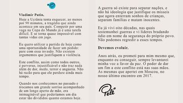 Carta que Pelé publicou em seu Instagram nesta quarta-feira (1º) Pelo fim da guerra na Ucrânia, Pelé escreve carta a Putin - Reprodução/Instagram