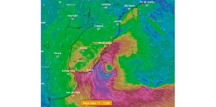 Atuação do ciclone próximo ao Sul do Brasil contribui para o aumento da sensação de frio, devido às fortes rajadas de vento ao longo dia Ciclone extratropical - Fonte: Climatempo