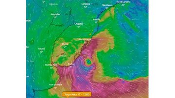 Atuação do ciclone próximo ao Sul do Brasil contribui para o aumento da sensação de frio, devido às fortes rajadas de vento ao longo dia Ciclone extratropical - Fonte: Climatempo