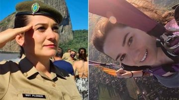 Bruna tinha 33 anos e era do Exército Brasileiro Bruna Ploner Bruna Plorer, jovem loira com a roupa do exército do lado esquerdo e ao lado direito saltando de paraquedas - Reprodução