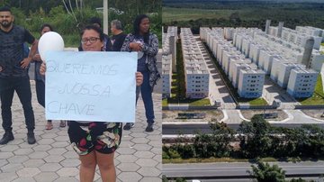 Conjunto Habitacional Caminho das Árvores já está pronto para ser entregue, mas impasse preocupa moradores que protestaram em frente às moradias Protesto em Bertioga - Arquivo pessoal Kelly Cristina / Divulgação PMB