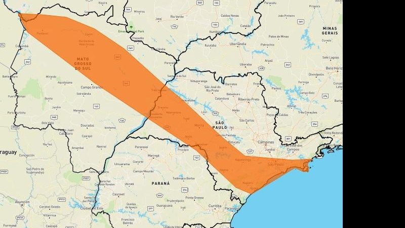 Segundo o instituto, as tempestades devem atingir com mais força o litoral sul paulista Inmet emite alerta laranja para tempestades no litoral de SP Mapa com área em laranja passando pelo estado de SP avisando de potencial para tempestades - Reprodução/Inmet