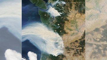 Imagem de satélite mostra coluna de fumaça se dirigindo para o Oceano Pacífico, nos EUA Foto de satélite mostra centro-oeste do Brasil tomado pela fumaça nesta terça-feira (13) - Reprodução/Nasa/MetSul