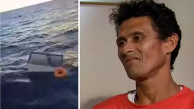 Pescador saiu para pescar no Amapá e acabou sendo encontrado no Suriname Romualdo Pescador ao lado direito e freezer no mar ao lado esquerdo - Reprodução
