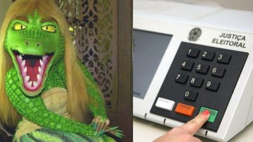 Já pensou em eleger a Cuca? Lobisomem e Cuca candidatos? Entenda como esses personagens podem te ajudar na hora do voto À esquerda a personagem "Cuca", à direita, urna eletrônica - Montagem com reprodução e divulgação TSE