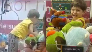 Criança ficou presa na máquina, mas foi retirada em segurança e sem ferimentos Criança presa na máquina Criança dentro de uma máquina de brinquedos do shoppping - Reprodução