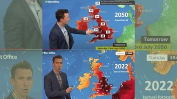 Previsão do tempo para a Inglaterra nesta terça (19) se assemelha a uma previsão hipotética feita para o ano de 2050, devido ao aquecimento global Onda de calor na Europa já ocasionou mais de mil mortes - Reprodução/Twitter @SimonLeeWx