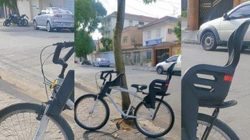 Bicicleta furtada é utilizada pela família como transportes para vários lugares como escola, trabalho e hospital Bicicleta furtada Bicicleta branca com duas cadeirinhas pretas - Reprodução
