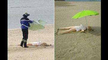 Corpo jogado na areia era de uma boneca de borracha e não de uma pessoa Autoridades e a boneca de borracha Homem na praia averiguando o corpo de uma boneca jogado na areia - Reprodução
