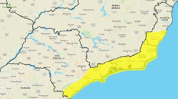 O instituto prevê precipitações de até 50mm por dia Alerta amarelo: Inmet adverte sobre acumulado de chuva no litoral de SP Mapa com área em amarelo mostrando onde há alerta para acumulado de chuva - Inmet