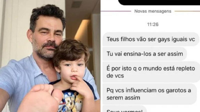 Carmo aproveitou para dizer que se o filho for gay acha que vai amá-lo mais ainda Carmo Dalla Vecchia Carmo Dalla Vecchia com o filho ao lado esquerdo e mensagem de ódio ao lado direito - Reprodução