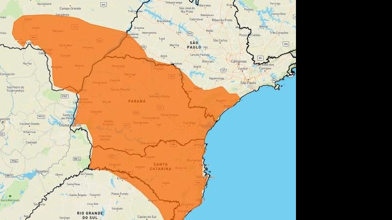 Litoral sul de São Paulo deve ser atingido por tempestades ainda nesta segunda-feira (12) Alerta laranja: Inmet adverte para tempestades no litoral sul de SP Mapa mostra área em laranja com risco de tempesatdes, que inclui litoral sul de São Paulo - Reprodução/Inmet