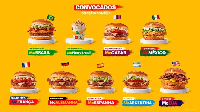 A edição é limitada e deve ficar disponível até o final da Copa do Mundo McDonald’s: Tite anuncia convocação dos lanches da Copa do Mundo McBrazil, ao lado do McFlurry Brasil, seguido do McCatar, McMéxico, McFrança, McAlemanha, McEspanha, McArgentina e McE - Divulgação