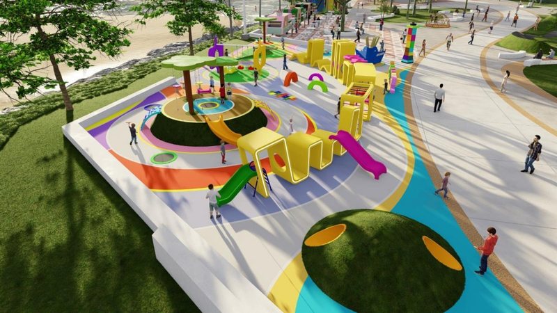 Simulação computadorizada do playground após término das obras Terceira etapa das obras do novo quebra-mar, em Santos,  começa em agosto - Imagem: Divulgação / Prefeitura de Santos