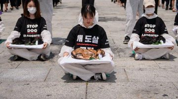Coreanos protestam contra consumo de carne cachorro no país. Em 2019 foram contabilizados menos de 100 restaurantes servindo cachorros em Seul, e a indústria relatou que as vendas tiveram queda de até 30% em 1 ano Coreanos comem mesmo carne de cachorro? co - Foto: Getty Imagens