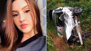 Sabrina, de 21 anos, estava com seu noivo no carro que foi atingido por outro veículo e acabou sendo arremessado da pista, tombando logo em seguida Sabrina Romanovski Jovem ao lado esquerdo e um carro pós-acidente ao lado direito - Reproduçãp