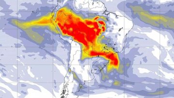 Projeção indica formação de corredor de fumaça entre a Amazônia e o sudeste do Brasil Meteorologia alerta para chegada de fumaça da Amazônia no estado de SP Projeção mostra mapa da América do Sul e locais para onde irá fumaça da Amazônia - Reprodução/CAMS/MetSul