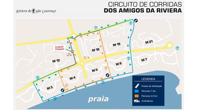 percurso será de 7 km para corrida e 4,5 km para caminhada Corida Riviera 7k - Divulgação