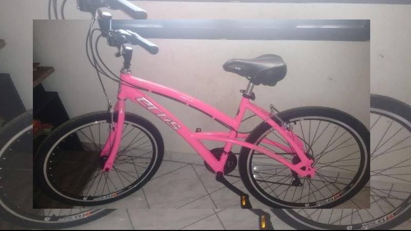 Foto da bicicleta de Ana quando ela comprou; atualmente, a vítima afirma que a bike está com mais ferrugens Bicicleta rosa Bicicleta rosa com banco preto - Arquivo Pessoal