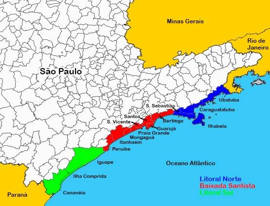 Cidades do litoral paulista Mapa litoral de SP - Santos, São Vicente e Praia Grande reúnem mais de metade dos eleitores do litoral de SP; veja o ranking Mapa colorido com cidades do litoral de São Paulo - Imagem: Reprodução / Yardena@Wikipedia