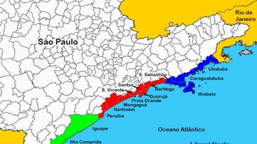 Cidades do litoral paulista Mapa litoral de SP - Santos, São Vicente e Praia Grande reúnem mais de metade dos eleitores do litoral de SP; veja o ranking Mapa colorido com cidades do litoral de São Paulo - Imagem: Reprodução / Yardena@Wikipedia