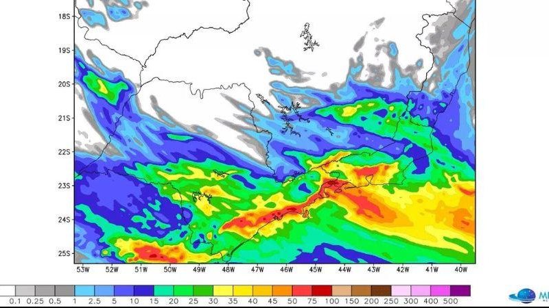 Mapa metorológico mostra projeção de volume de chuvas para o litoral paulista nas próximas 72 horas, a partir desta quarta (14) Alerta: Litoral de SP pode ter chuva volumosa nos próximos dias Mapa metorológico mostra projeção de volume de chuvas para o lit - Reprodução/MetSul Meteorologia