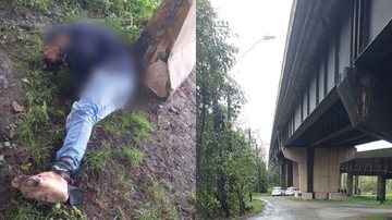 Passageiros de um carro preto teriam desovado o corpo do jovem com os pés e mãos amarrados no bairro Monte Cabrão Morte em Guarujá - Imagens Plantão Guarujá