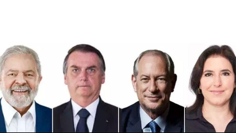 Considerando a margem de erro, Bolsonaro e Lula estão tecnicamente empatados Pesquisa mostra  preferência na Baixada Santista para a presidência da República Fotos de Lula, Bolsonaro, Ciro Gomes e Simone Tebet - Reprodução/Politize/TSE