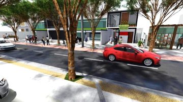 Via deve ganhar nova identidade e sistema de drenagem, além de uma faixa dinâmica que poderá ser fechada esporadicamente pelos comerciantes para a realização de eventos Rua Azevedo Sodré, em Santos, passará por modernização Desenho de como ficará trecho da - Divulgação/Prefeitura de Santos