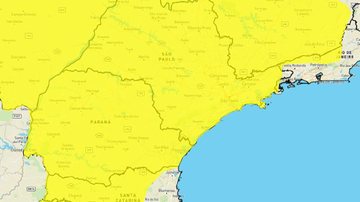 Áreas com maior risco são o litoral sul paulista, Região Metropolitana de São Paulo, Vale do Paraíba, e regiões do interior Inmet emite alerta amarelo para tempestades no litoral de SP Mapa com indicação, em amarelo, de áreas com perigo potencial de tempes - Reprodução/Inmet
