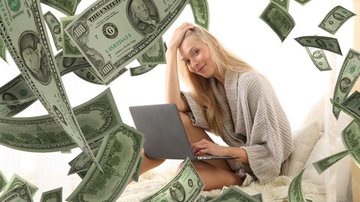 O mundo virtual oferece diferentes opções de ganhar dinheiro trabalhando em home office Quatro formas de gerar renda extra sem sair de casa Dinheiro caindo em cima de uma mulher sentada com o notebook na perna - Pixabay