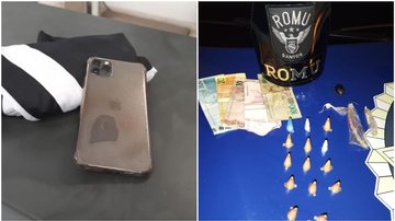 Casos ocorreram nos bairros do Gonzaga e Estuário GCM de Santos efeuta prisões por furto e tráfico de drogas durante fim de semana Imagem do celular furtado e de porções de drogas e dinheiro apreendido - Prefeitura de Santos