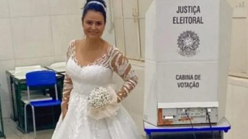Noiva foi ao local de votação direto da sua festa de casamento Noiva em votação Noiva ao lado da cabine de votação - Reprodução
