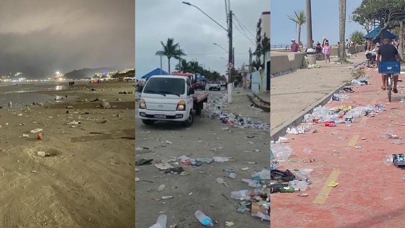 Praia de Ubatuba na noite da virada e Peruíbe e Mongaguá após a celebração Praias do litoral de SP amanhecem emporcalhadas após réveillon; veja vídeos Praias emporcalhadas - Imagens: Reprodução / Julio Biazus / Redes Sociais