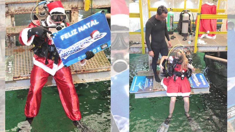 Papai e Mamãe Noel se preparando para  o mergulho no Aquário santista Papai e Mamãe Noel mergulham no Aquário de Santos - Prefeitura de Santos