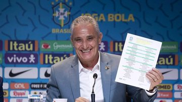 Técnico Tite divulgou, hoje (7), na sede da CBF, no Rio, a lista de convocados da seleção brasileira Com Daniel Alves e três do Brasil, Tite divulga convocados para Copa do Mundo tite com a lista na mão - Foto: CBF