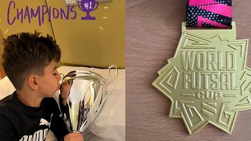 Léo foi campeão defendendo o Sports e Cia-Brasil, time da capital paulista. Campeão mundial de futsal sub-9 - Reprodução/Arquivo pessoal