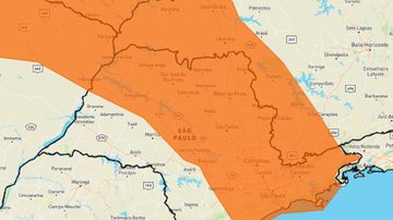 Segundo o Inmet, há possibilidade de ventos intesos e granizo Inmet emite alerta laranja para tempestades no estado de SP nesta quinta (20) Mapa do estado de São Paulo com indicação em laranja de áreas propensas à tempestades - Reprodução/Inmet