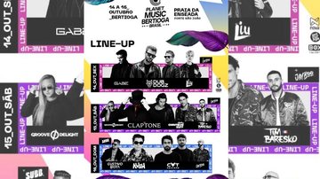 Programação do festival foi divulgada nesta sexta-feira (7) pela prefeitura da cidade Line up Nomes divulgados pela prefeitura de Bertioga para o festival de música eletrônica - Reprodução